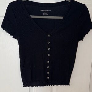 American Eagle Outfitters Black Ribbed Button-Down Top